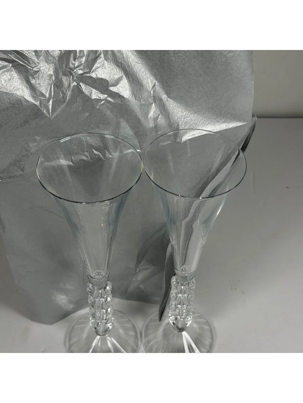 Set of 2 Clear Glass Champagne Flutes with Stacked Heart Stems - S-1